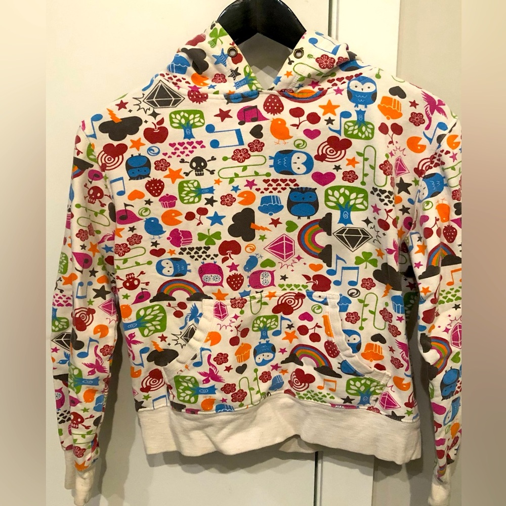 Youth medium Powder Room hoodie. White hoodie with a multi-coloured images.